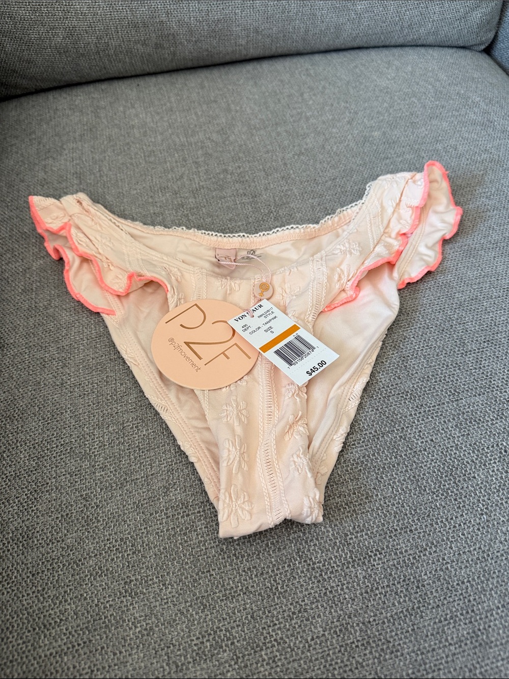 NWT Peach Embroidered Ruffle Bikini Bottoms with Neon Trim